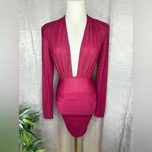 Emprada Long Sleeve Mesh Ruched Deep V Neck Mini Dress in Dark Red Sz S